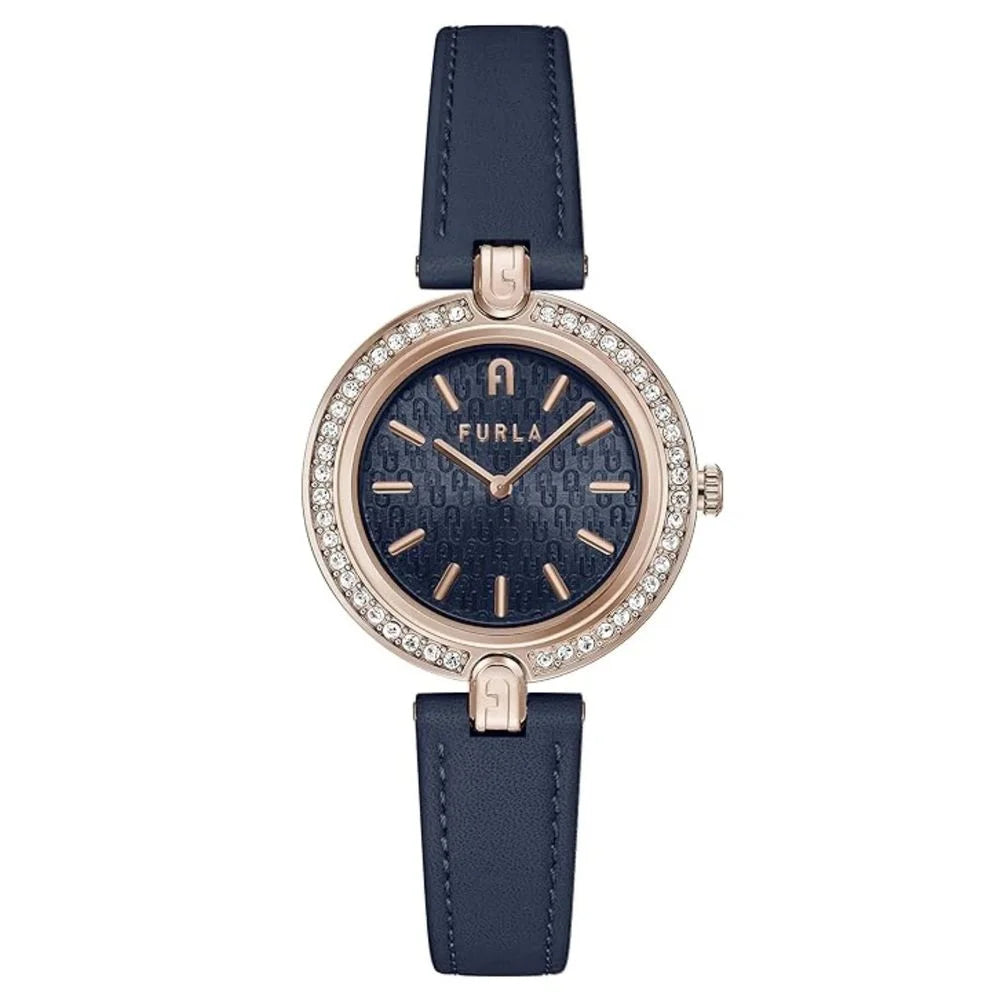 Furla Blue Leather Dress Watch with Pink Stainless Steel Accents