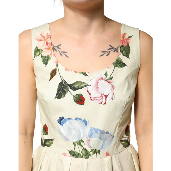 Gabbana Beige Floral Sleeveless Dress with Delicate Prints Dolce &
