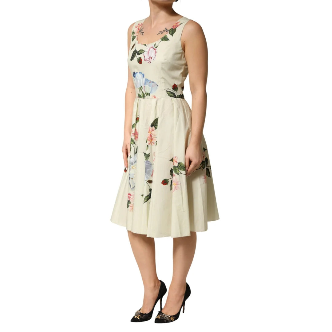 Gabbana Beige Floral Sleeveless Dress with Delicate Prints Dolce &