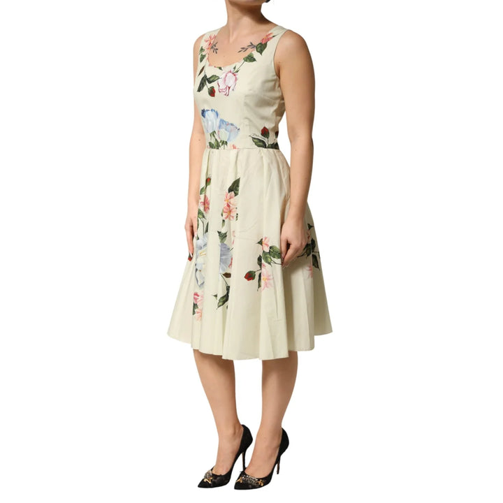 Gabbana Beige Floral Sleeveless Dress with Delicate Prints Dolce &