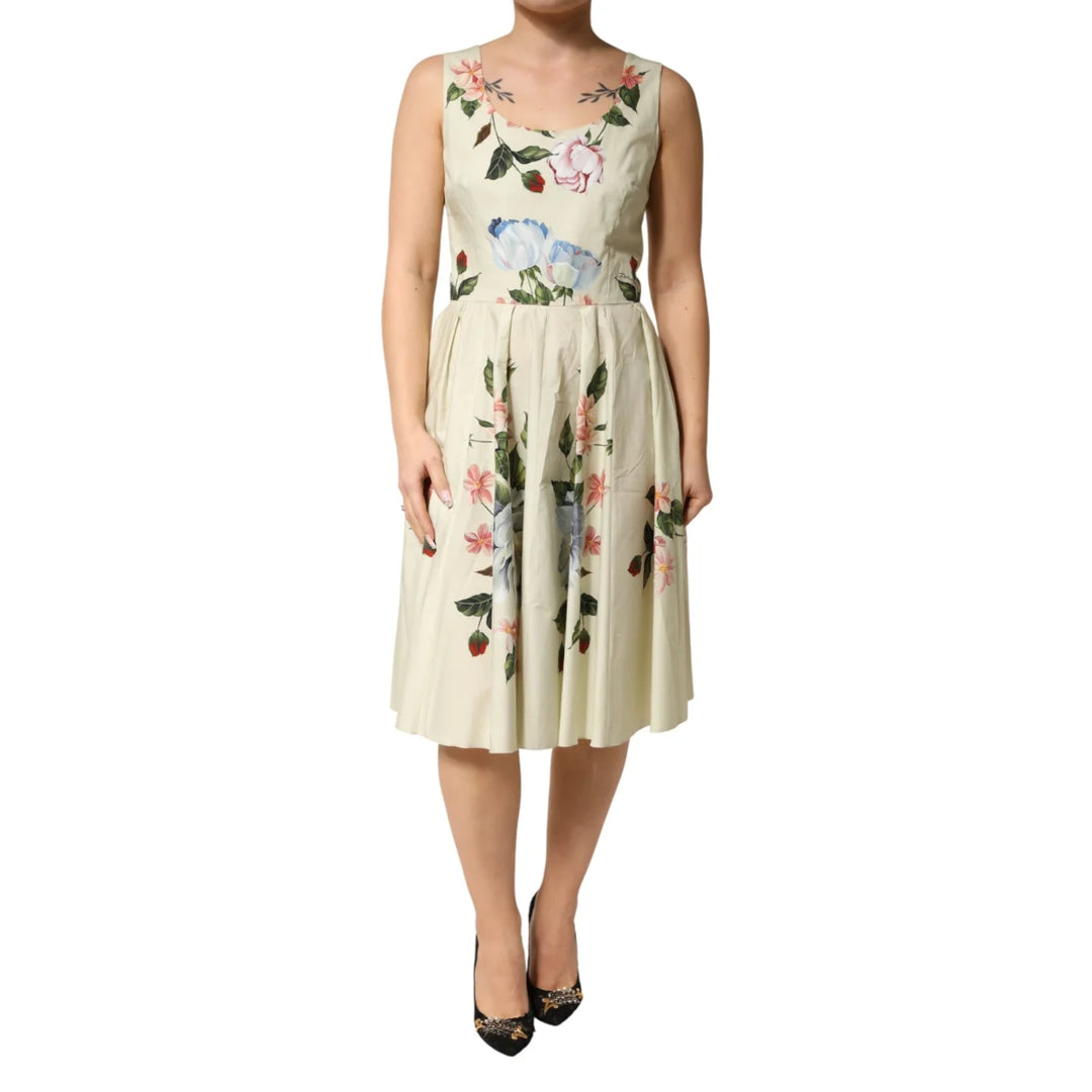 Gabbana Beige Floral Sleeveless Dress with Delicate Prints Dolce &