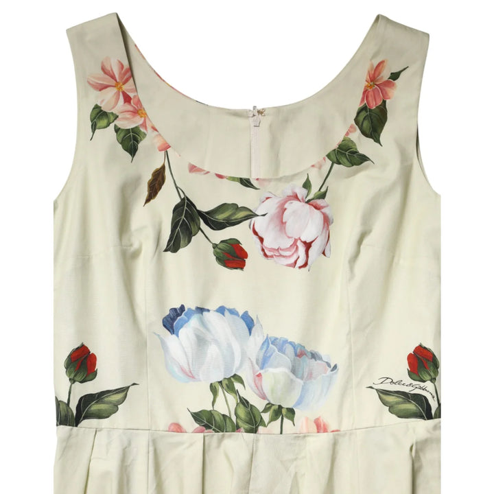 Gabbana Beige Floral Sleeveless Dress with Delicate Prints Dolce &