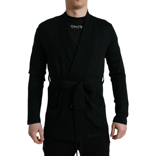 Gabbana Black Cashmere Robe with Long Sleeves and Waist Belt Dolce &
