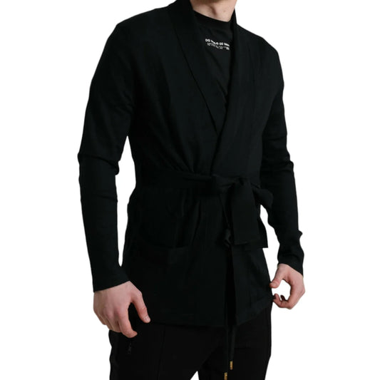 Gabbana Black Cashmere Robe with Long Sleeves and Waist Belt Dolce &