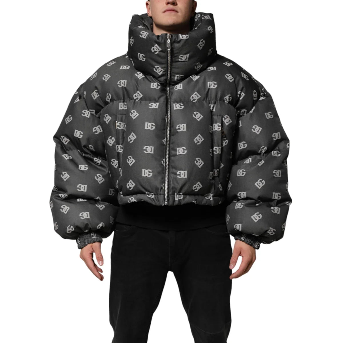 Gabbana Black DG Monogram Zip Puffer Jacket for Men Dolce &