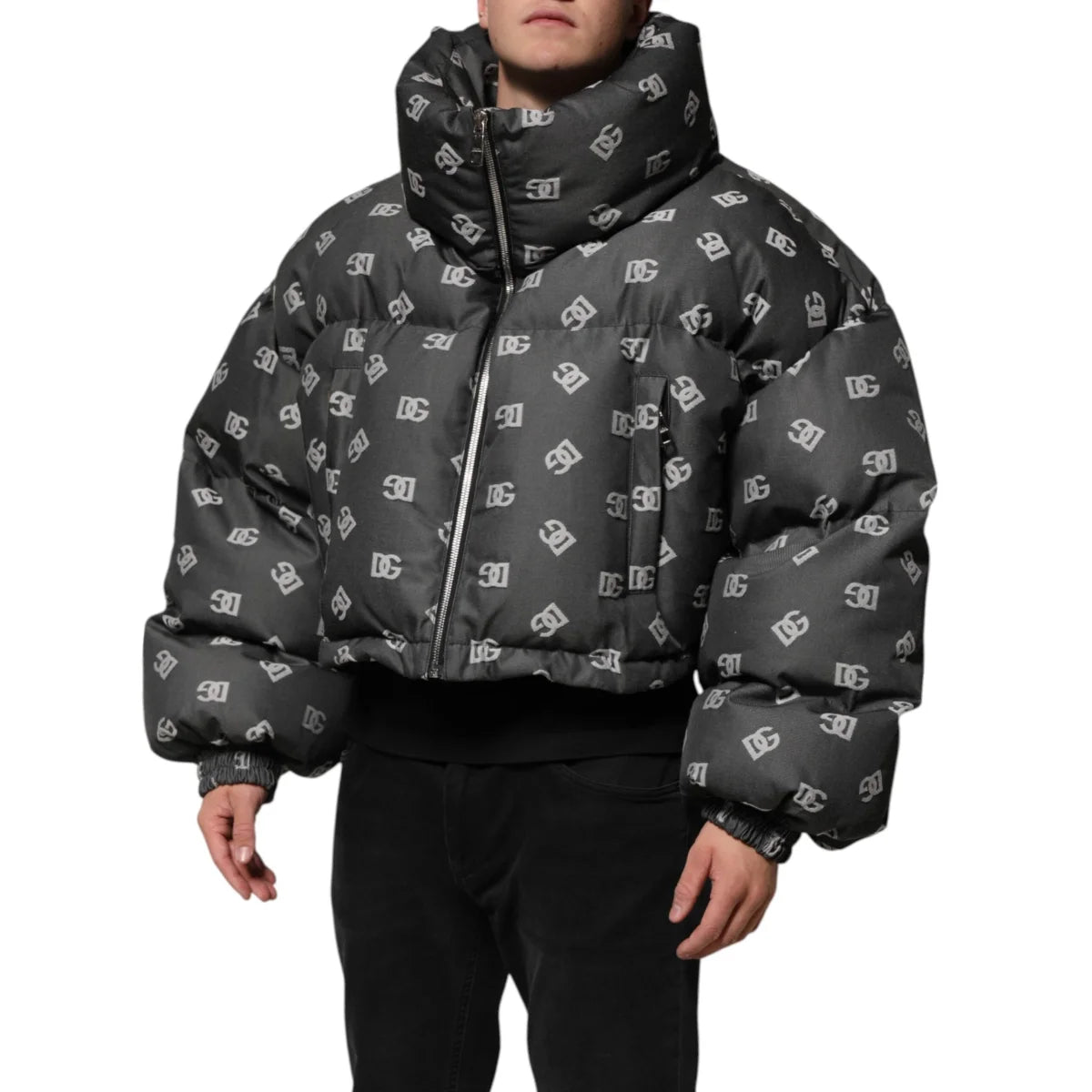 Gabbana Black DG Monogram Zip Puffer Jacket for Men Dolce &