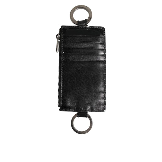Gabbana Black Leather Cardholder Lanyard with Logo Embossed Patch Dolce &