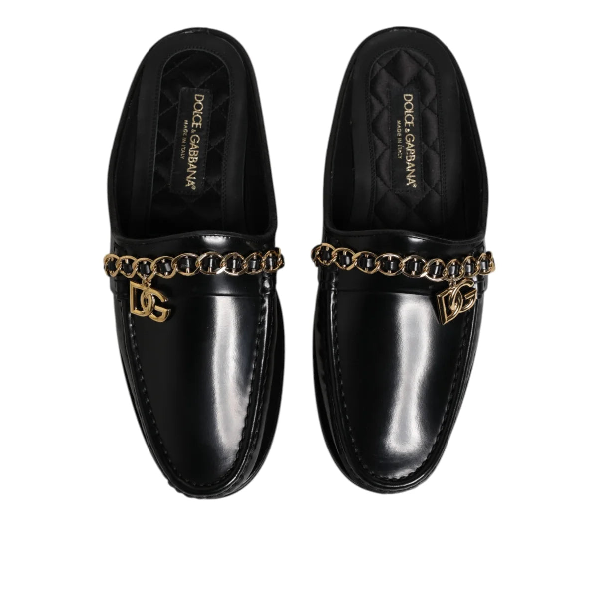 Gabbana Black Leather DG Chain Embellished Slip On Sandals Dolce &