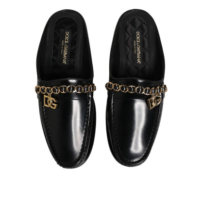 Gabbana Black Leather DG Chain Embellished Slip On Sandals Dolce &