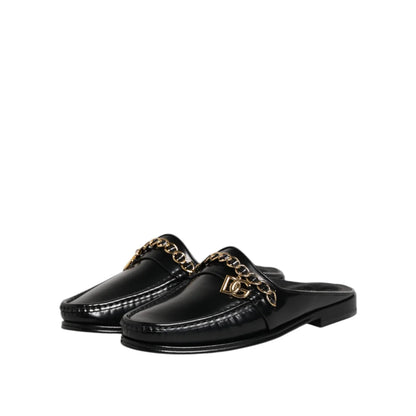 Gabbana Black Leather DG Chain Embellished Slip On Sandals Dolce &