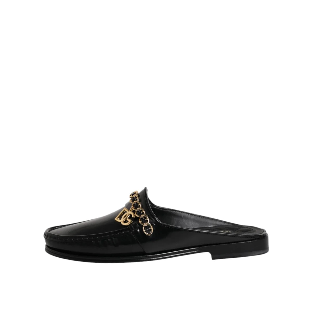 Gabbana Black Leather DG Chain Embellished Slip On Sandals Dolce &