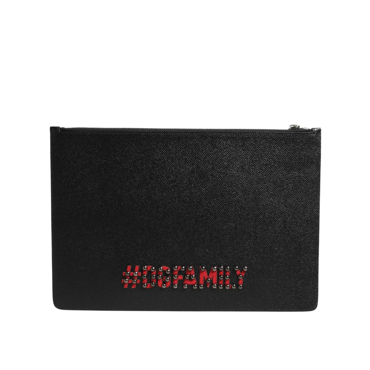 Gabbana Black Leather Pouch Bag with DGFamily Embellished Appliques Dolce &