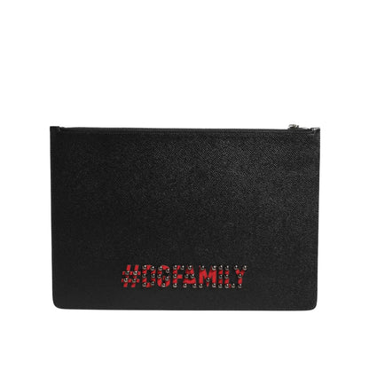 Gabbana Black Leather Pouch Bag with DGFamily Embellished Appliques Dolce &