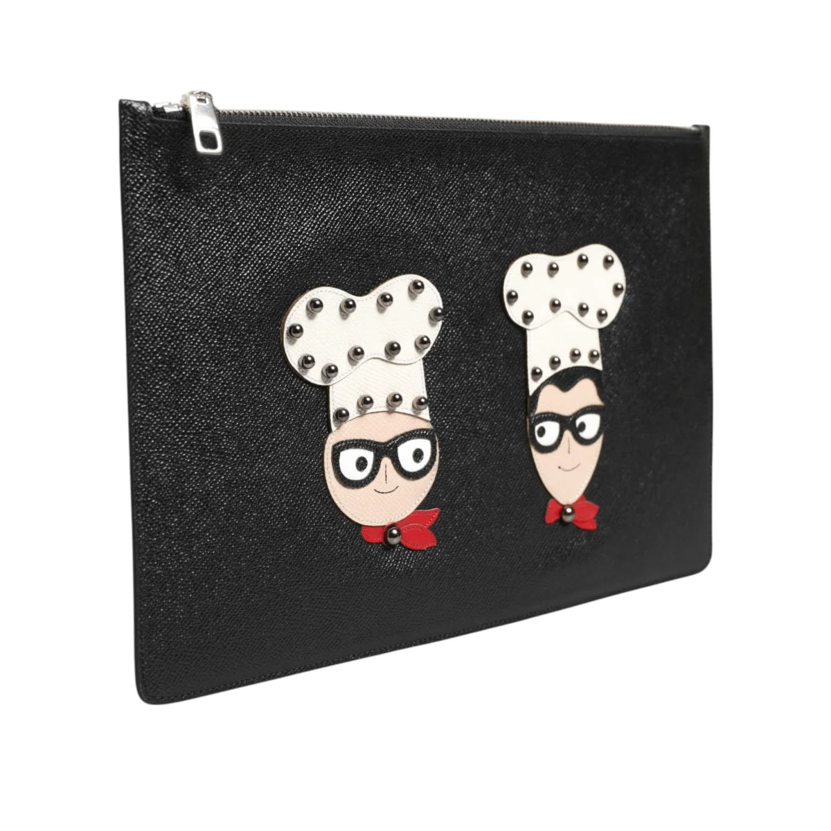 Gabbana Black Leather Pouch Bag with DGFamily Embellished Appliques Dolce &