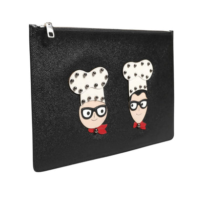 Gabbana Black Leather Pouch Bag with DGFamily Embellished Appliques Dolce &