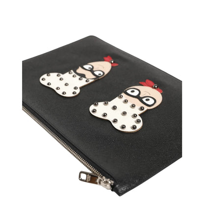 Gabbana Black Leather Pouch Bag with DGFamily Embellished Appliques Dolce &