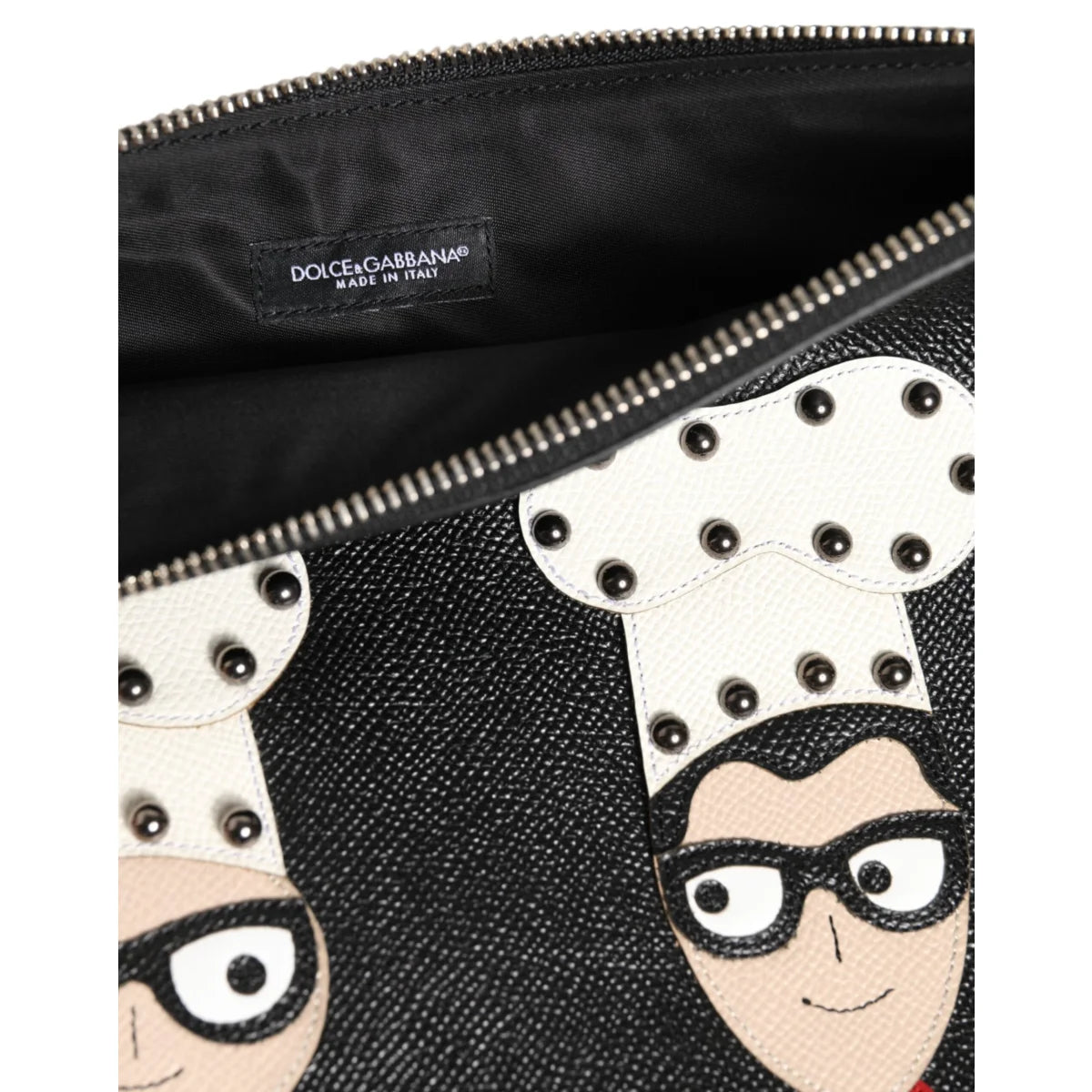 Gabbana Black Leather Pouch Bag with DGFamily Embellished Appliques Dolce &