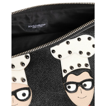 Gabbana Black Leather Pouch Bag with DGFamily Embellished Appliques Dolce &