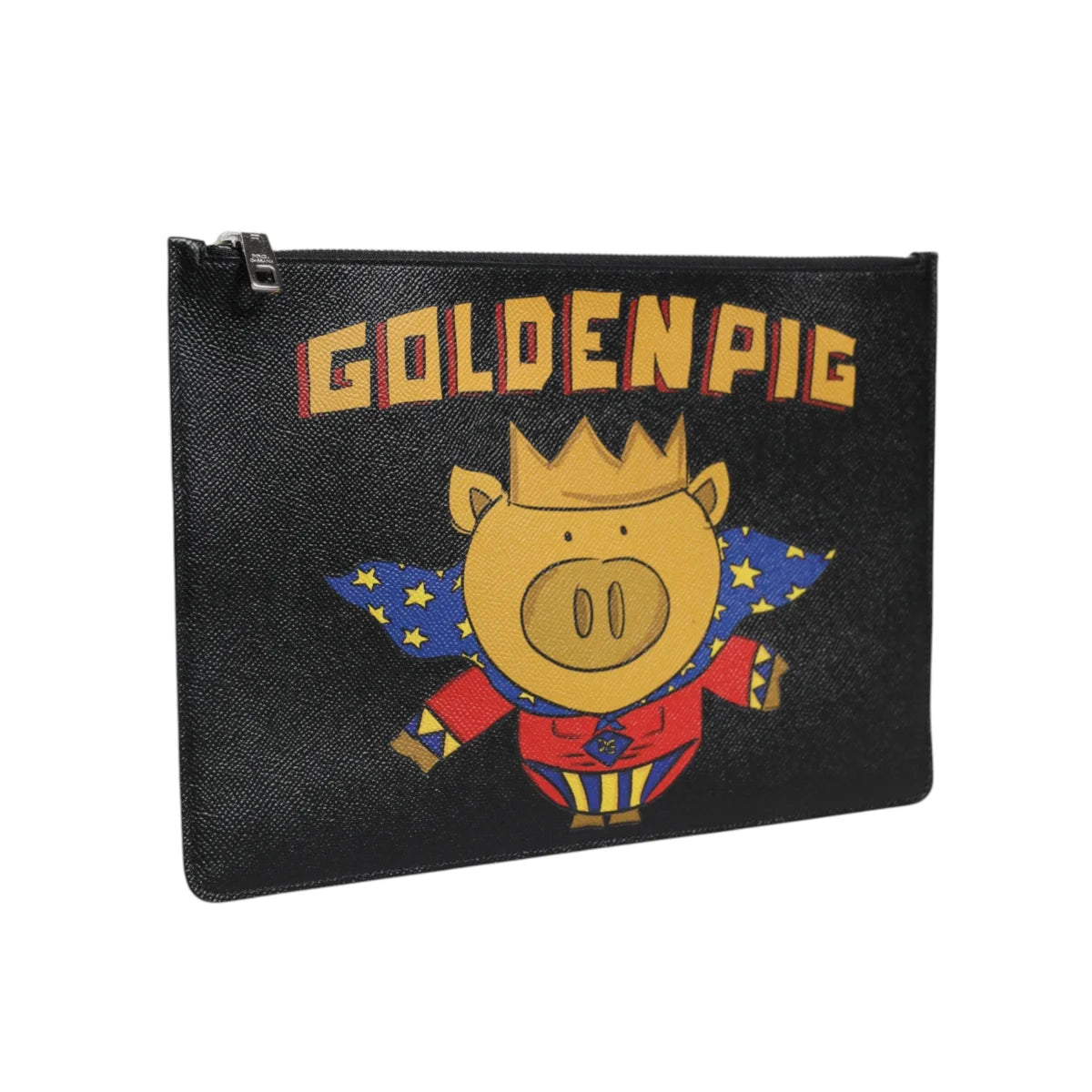 Gabbana Black Leather Pouch with Golden Multicolor Graphic Print Dolce &