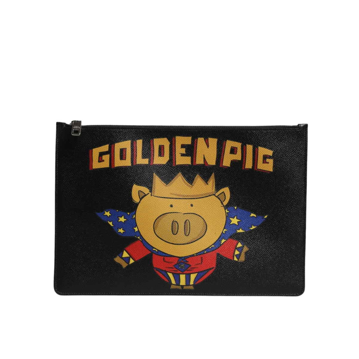 Gabbana Black Leather Pouch with Golden Multicolor Graphic Print Dolce &