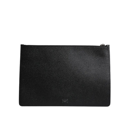 Gabbana Black Leather Pouch with Golden Multicolor Graphic Print Dolce &