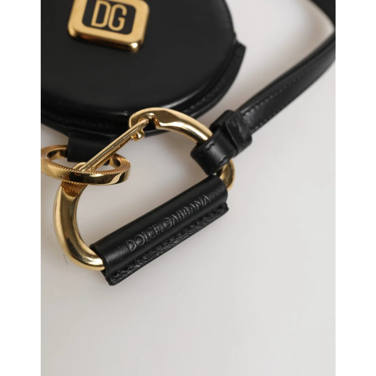 Gabbana Black Round Leather Wallet with Logo Plaque and Lanyard Dolce &