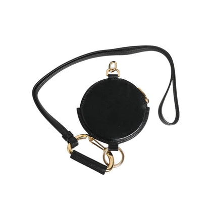 Gabbana Black Round Leather Wallet with Logo Plaque and Lanyard Dolce &