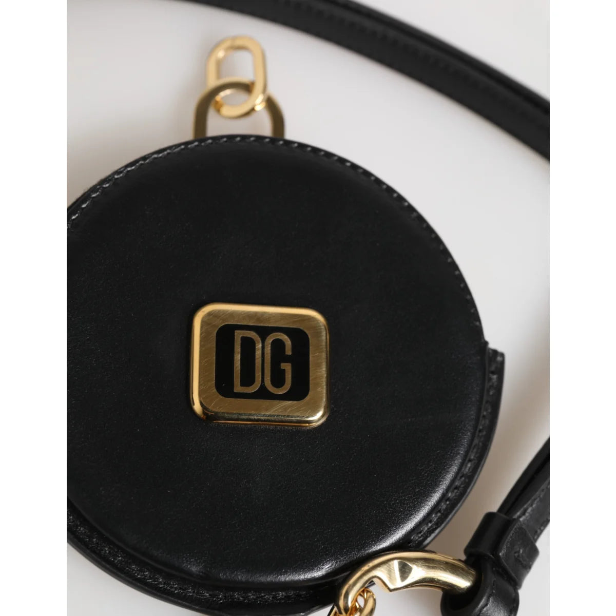 Gabbana Black Round Leather Wallet with Logo Plaque and Lanyard Dolce &