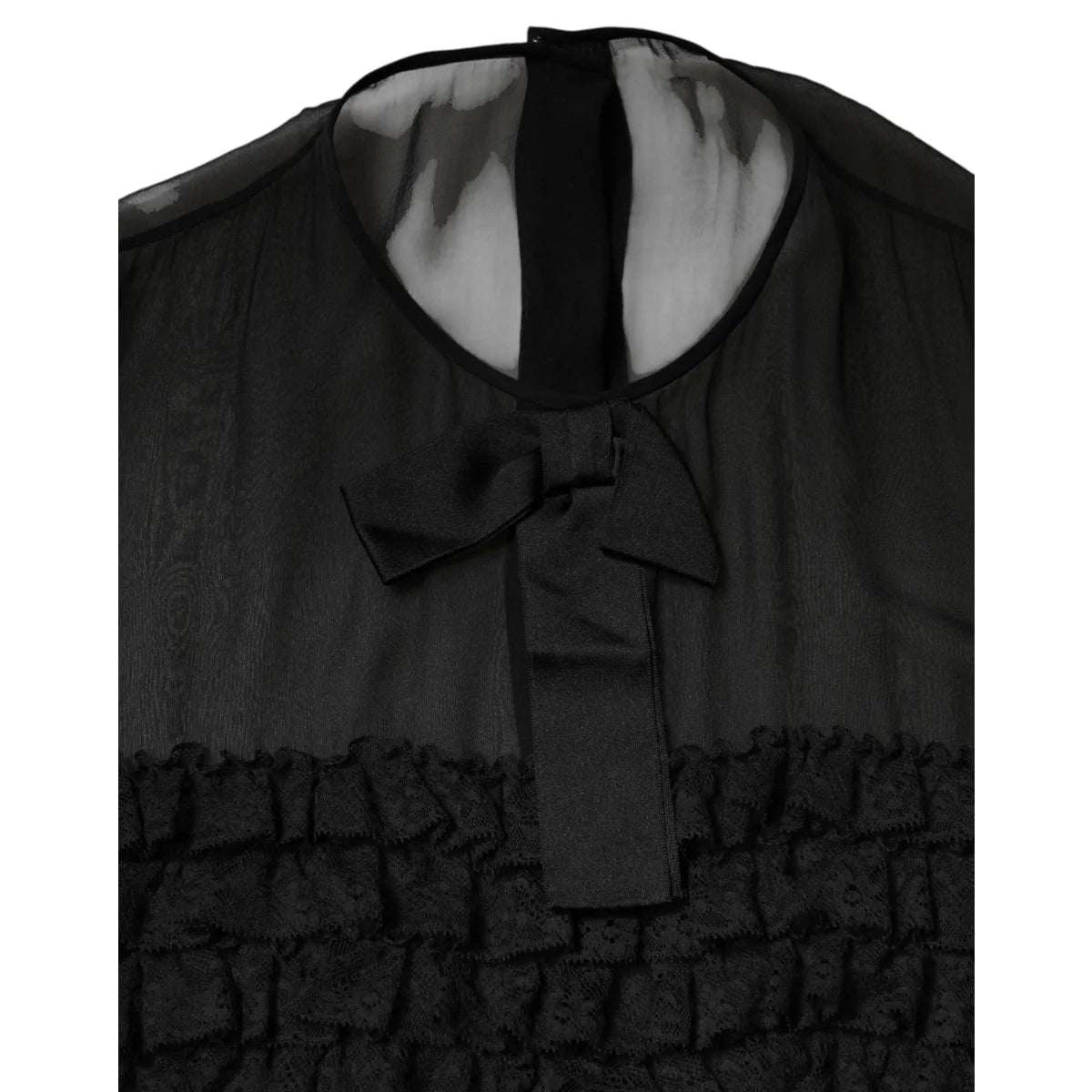 Gabbana Black Silk Sheer Ruffle Blouse with Tie Neck Elegance Dolce &