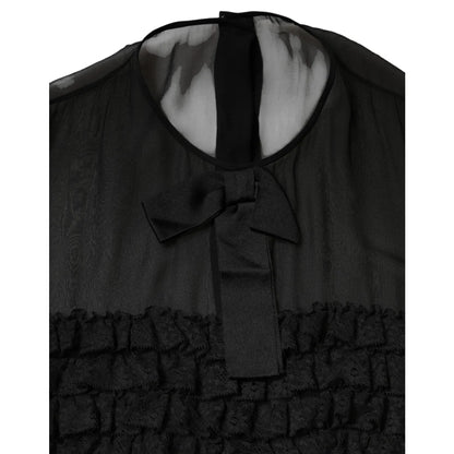 Gabbana Black Silk Sheer Ruffle Blouse with Tie Neck Elegance Dolce &