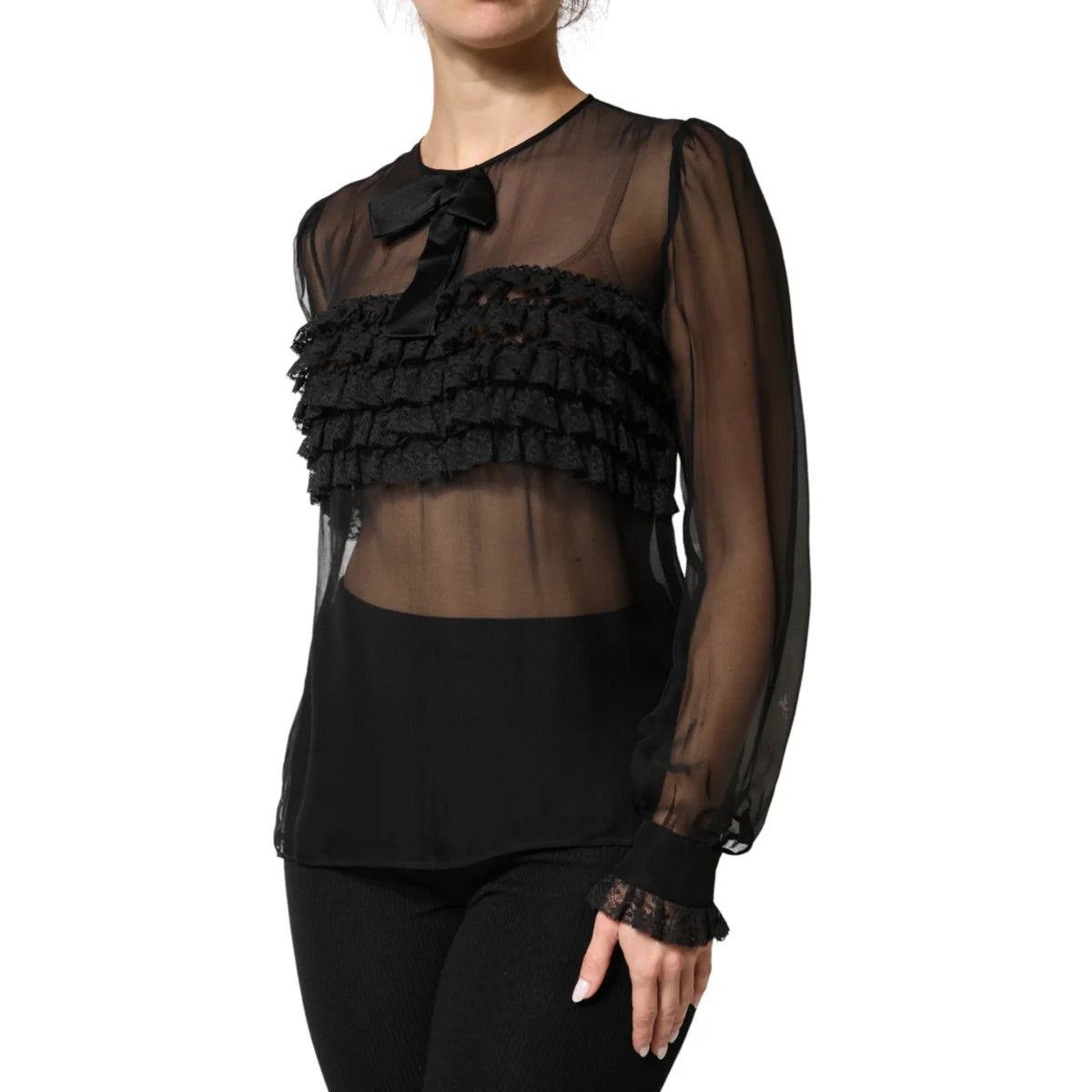 Gabbana Black Silk Sheer Ruffle Blouse with Tie Neck Elegance Dolce &