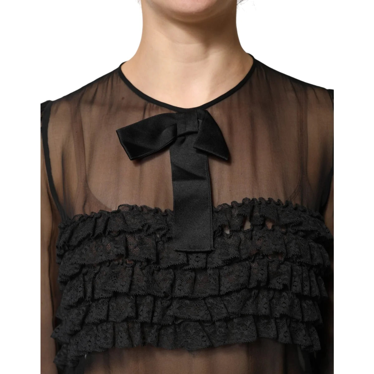 Gabbana Black Silk Sheer Ruffle Blouse with Tie Neck Elegance Dolce &
