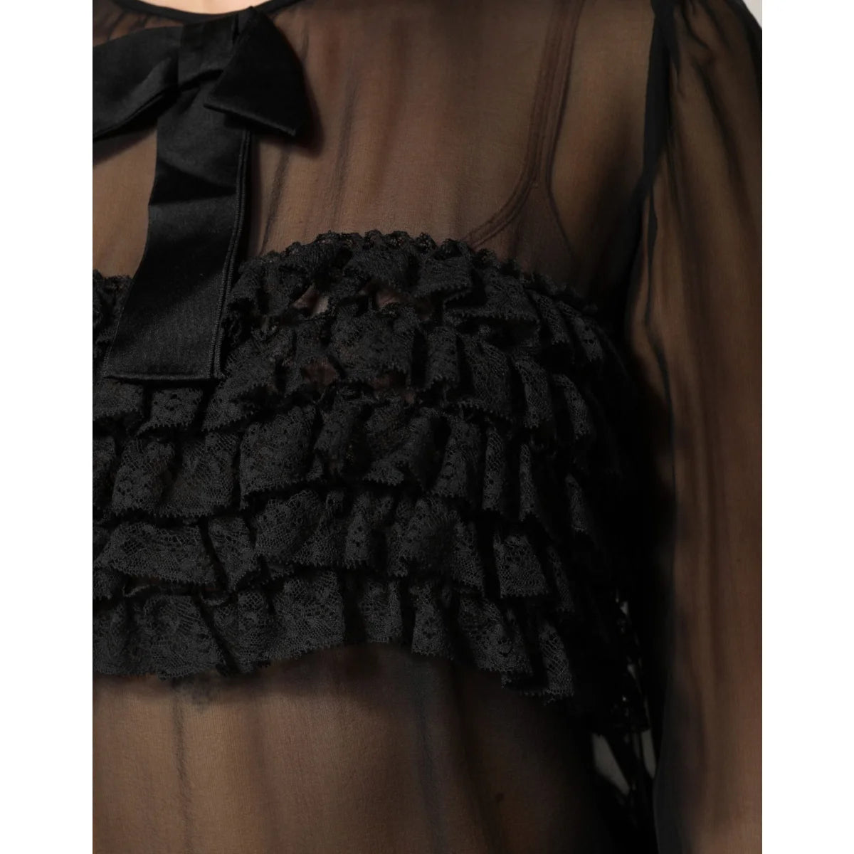Gabbana Black Silk Sheer Ruffle Blouse with Tie Neck Elegance Dolce &