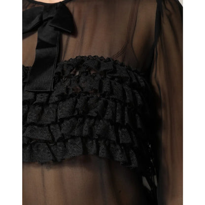 Gabbana Black Silk Sheer Ruffle Blouse with Tie Neck Elegance Dolce &