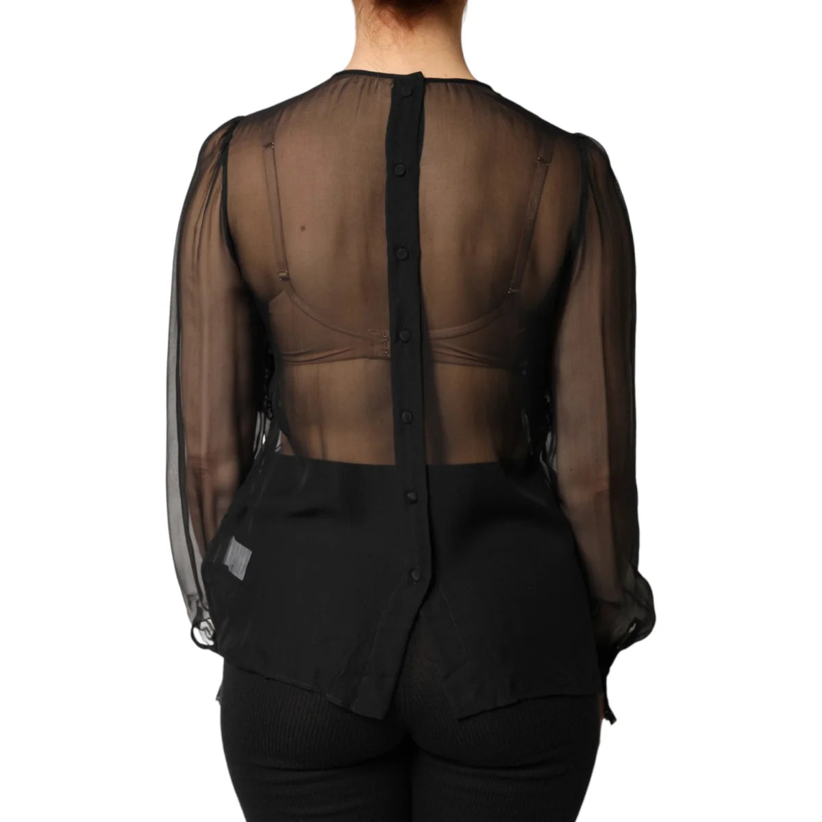 Gabbana Black Silk Sheer Ruffle Blouse with Tie Neck Elegance Dolce &