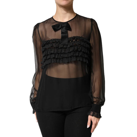 Gabbana Black Silk Sheer Ruffle Blouse with Tie Neck Elegance Dolce &
