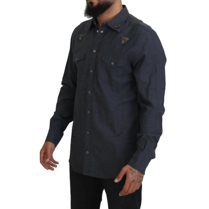Gabbana Blue Cotton Denim Shirt with Crystal Detailing Dolce &