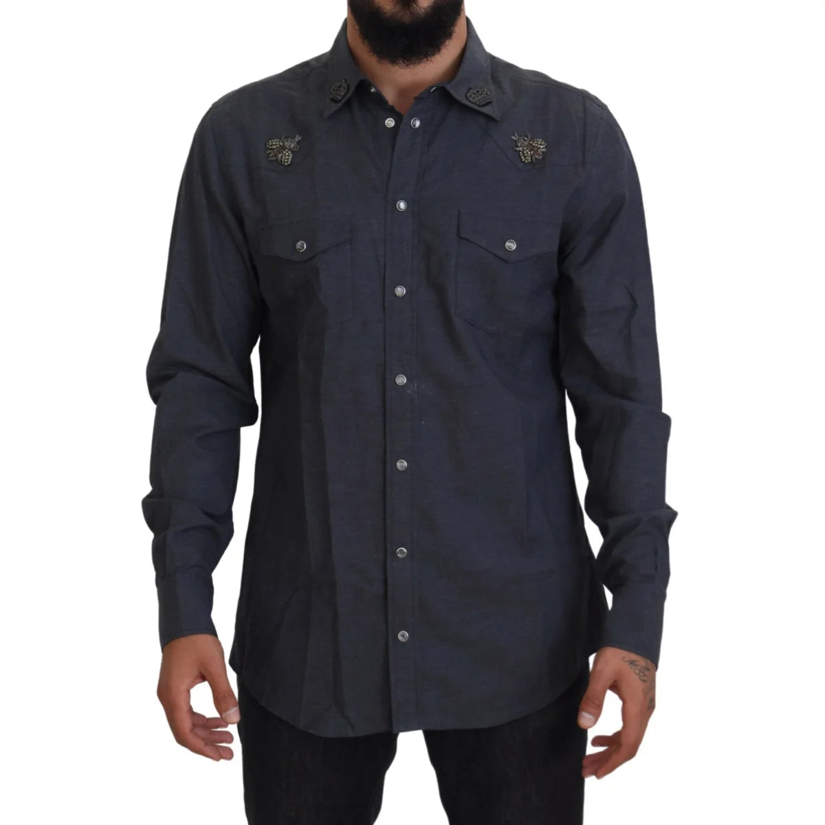 Gabbana Blue Cotton Denim Shirt with Crystal Detailing Dolce &