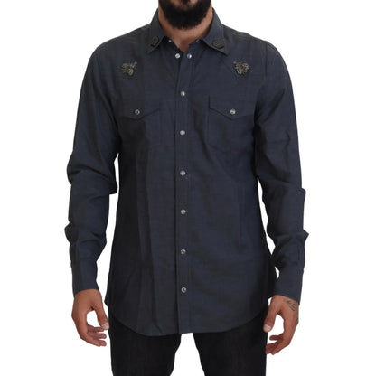 Gabbana Blue Cotton Denim Shirt with Crystal Detailing Dolce &