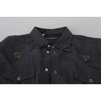 Gabbana Blue Cotton Denim Shirt with Crystal Detailing Dolce &