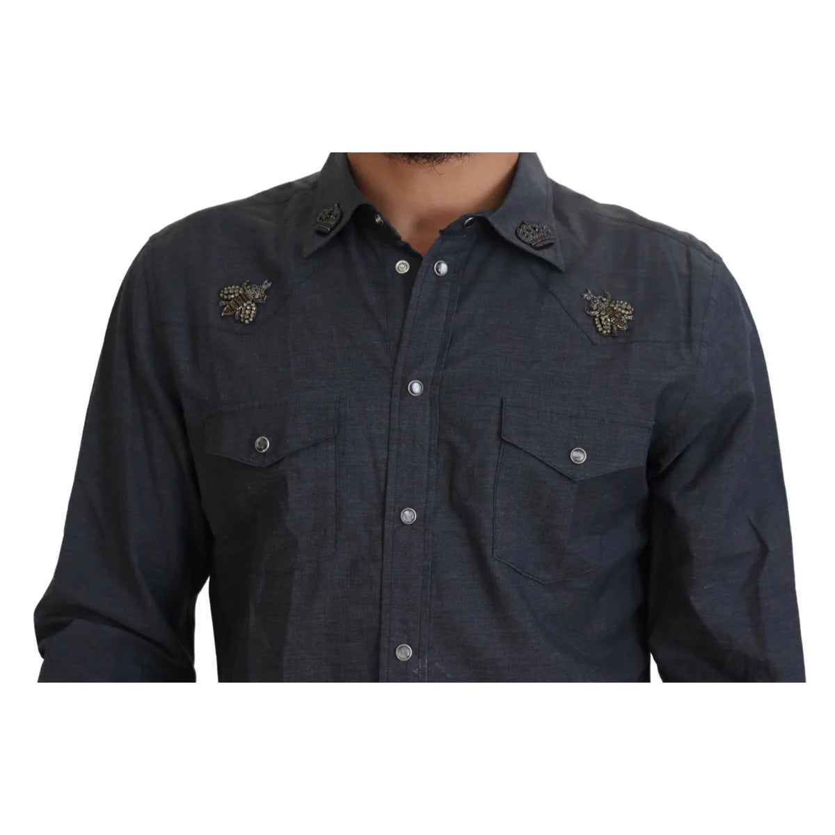 Gabbana Blue Cotton Denim Shirt with Crystal Detailing Dolce &