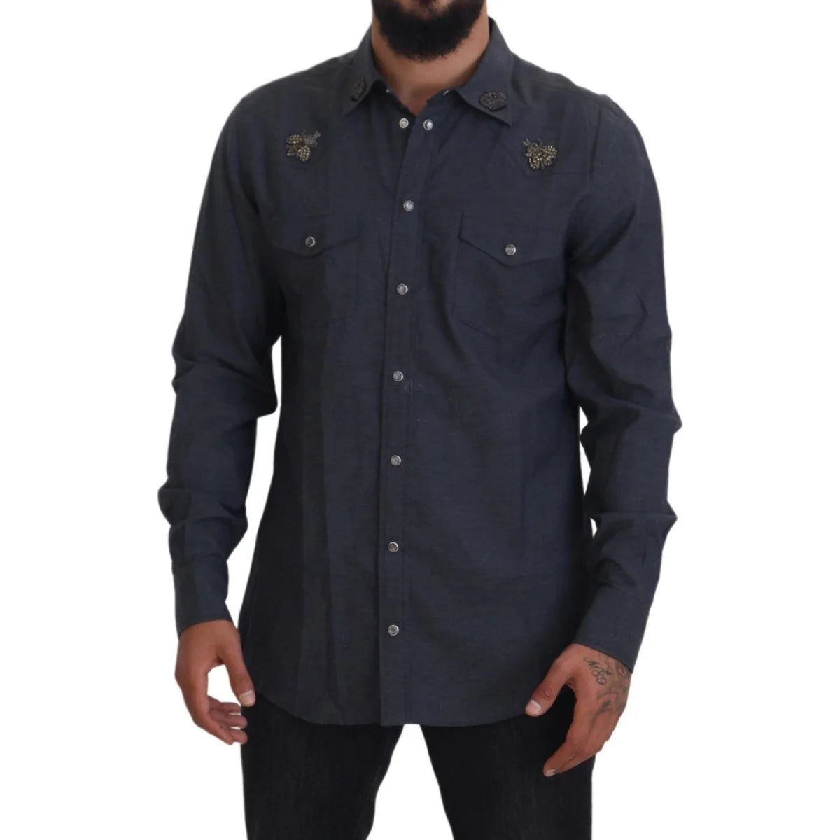 Gabbana Blue Cotton Denim Shirt with Crystal Detailing Dolce &