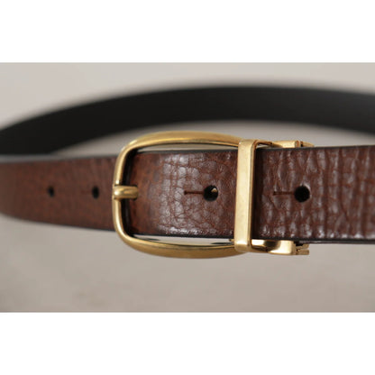 Gabbana Brown Leather Classic Belt with Engraved Metal Logo Buckle Dolce &