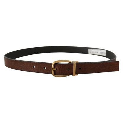 Gabbana Brown Leather Classic Belt with Engraved Metal Logo Buckle Dolce &