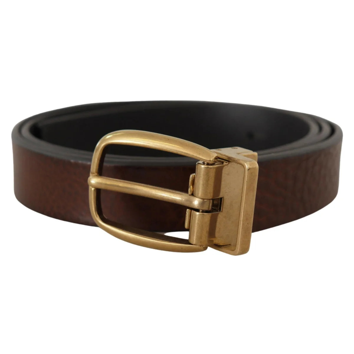 Gabbana Brown Leather Classic Belt with Engraved Metal Logo Buckle Dolce &