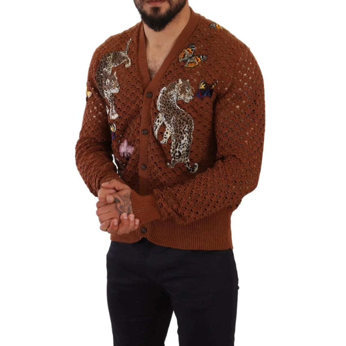 Gabbana Brown Leopard Butterfly Cardigan in Luxurious Cotton Knit Dolce &
