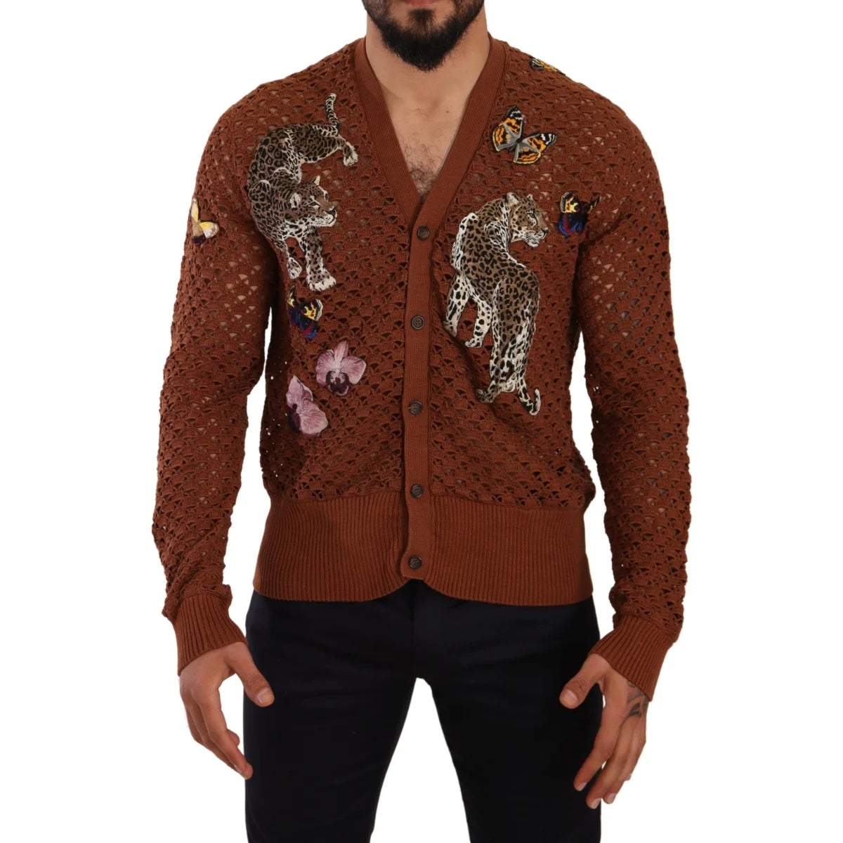 Gabbana Brown Leopard Butterfly Cardigan in Luxurious Cotton Knit Dolce &