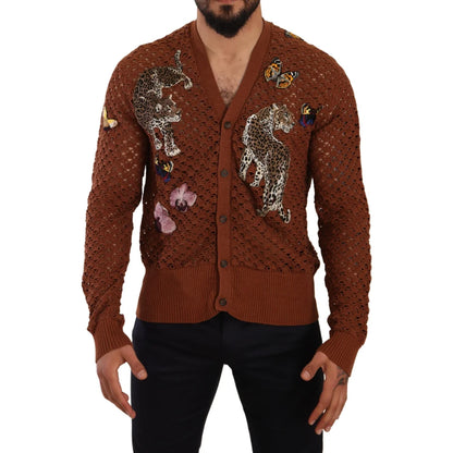 Gabbana Brown Leopard Butterfly Cardigan in Luxurious Cotton Knit Dolce &