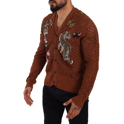 Gabbana Brown Leopard Butterfly Cardigan in Luxurious Cotton Knit Dolce &