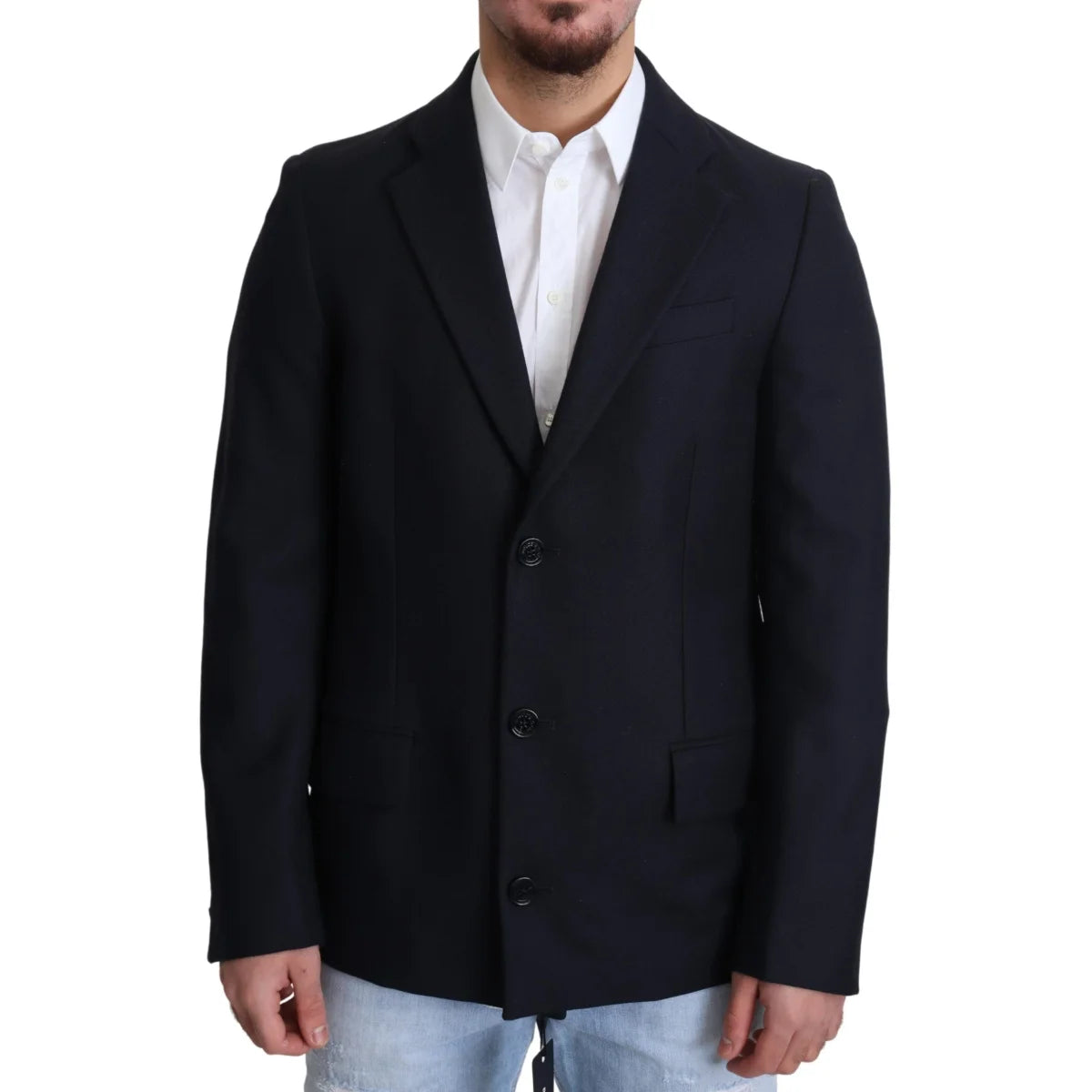 Gabbana Dark Blue Elegance Virgin Wool Single Breasted Coat Dolce &